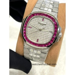 Patek Philippe Nautilus 5711/112P Platinum iced dial with pink Rubies Bezel super clone watches in dubai